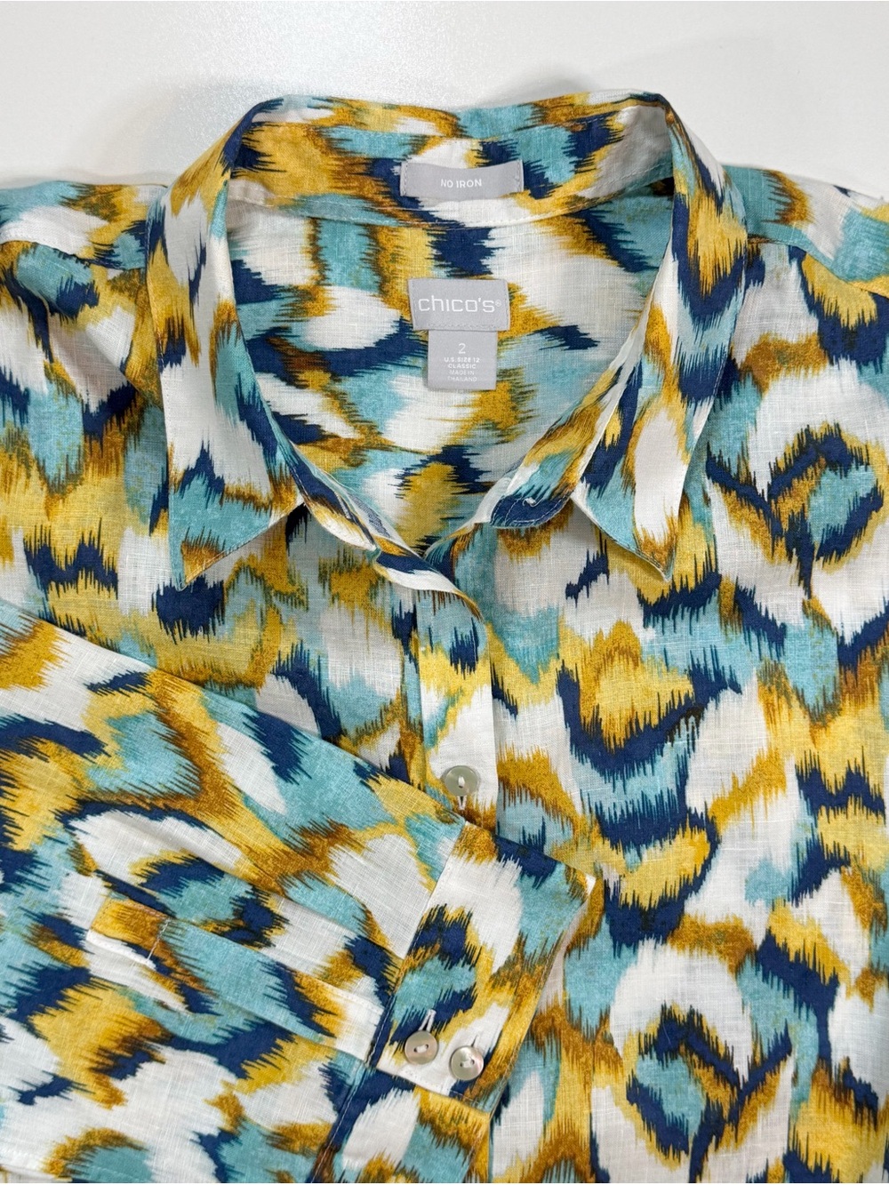 Chico's NO IRON Linen Shirt Button Up 3/4 Sleeve Ikat Aqua Blue Sz 2 L 12